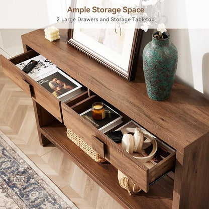 ONBRILL Console Table with Drawers, 40 Inch Narrow Entryway Table with Open Storage Shelves, Mid Century Modern Hallway Accent Tables Behind Couch Table for Living Room (Vintage Brown)