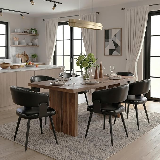 Dining Chairs Set of 6, Modern Upholstered PU Leather Kitchen & Dining Room Chairs with Curved Open Back Metal Legs, Kitchen Chairs for Dining Room Restaurant (Vintage Black, Set of 6)