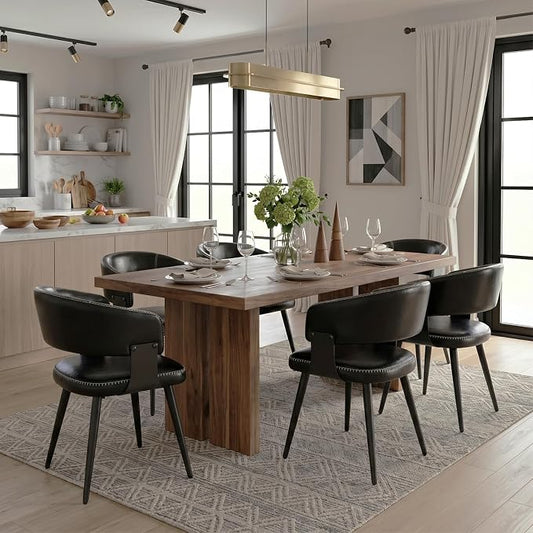 Dining Chairs Set of 6, Modern Upholstered PU Leather Kitchen & Dining Room Chairs with Curved Open Back Metal Legs, Kitchen Chairs for Dining Room Restaurant (Vintage Black, Set of 6)