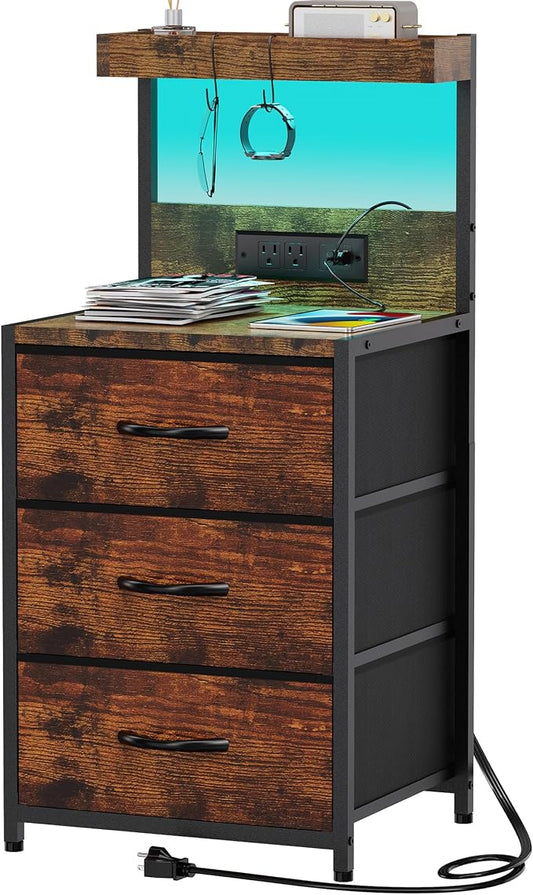 SZLHANJZ Night Stand, Nightstand with Charging Station and Led Lights, 3 Drawers Night Stand with Storage Shelf and Hooks, Tall End Side Table for Bedroom, Rustic Brown