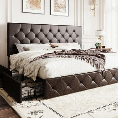 SHA CERLIN Upholstered King Size Platform Bed Frame with 4 Storage Drawers, Adjustable Headboard with Diamond Stitched Button Tufted Design, Wooden Slat Support, No Box Spring Needed, Black Brown
