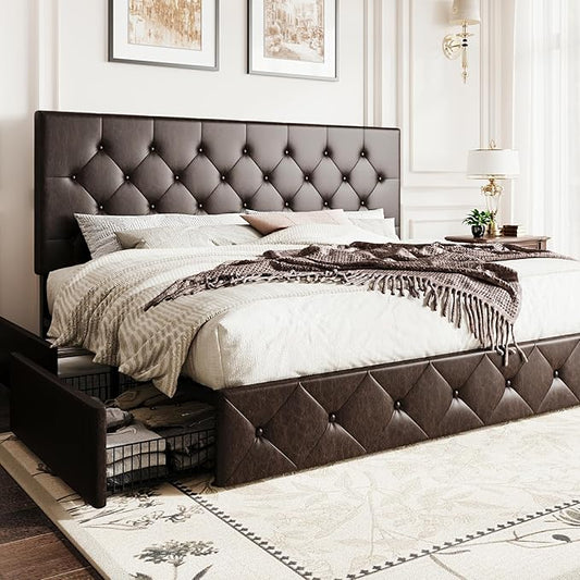 SHA CERLIN Upholstered King Size Platform Bed Frame with 4 Storage Drawers, Adjustable Headboard with Diamond Stitched Button Tufted Design, Wooden Slat Support, No Box Spring Needed, Black Brown
