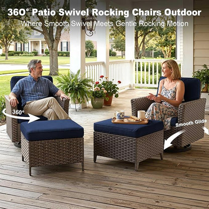 4 Pieces Patio Furniture Set, 2 High Back Swivel Chairs & 2 Ottomans, All-Weather PE Wicker Furniture with Waterproof Cushions for Deck, Garden, Porch