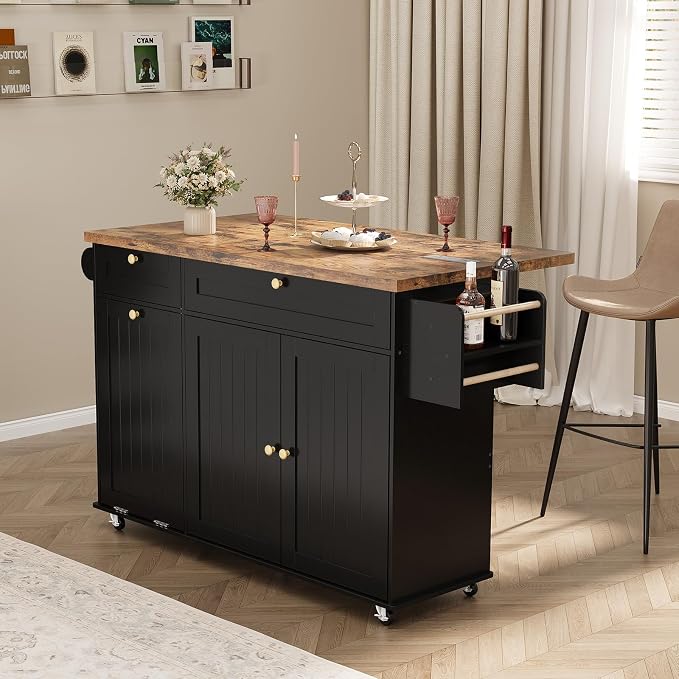ComfyCorner 60" Rolling Large Kitchen Island on Wheels with Extendable Table, Drop Leaf & Power Outlet, Mobile Kitchen Cart with Storage Cabinet, 2 Drawers, Spice Rack, Towel & Knife Holder, Black
