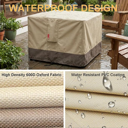 SheeChung Fire Pit Cover Square 28" L x 28" W x 25" H,Waterproof 600D Heavy Duty Outdoor Fire Pit Table Cover, Fits 24-28 Inch Square Fireplace,Gas Fire Pit Cover,Beige