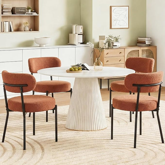 DUMOS Dining Chairs Set of 6, Mid Century Modern Chair Round Upholstered Curved Backrest, Kitchen Vanity Living Room Chairs with Black Metal Legs, Orange