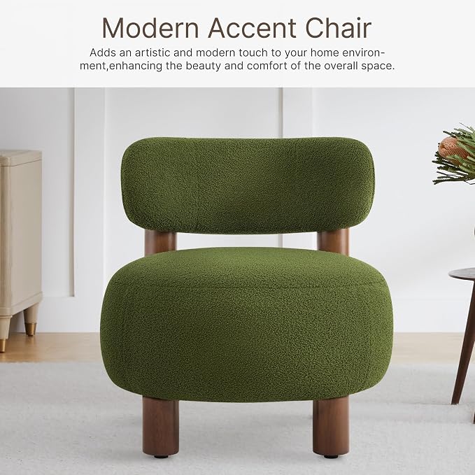 Modern Boucle Accent Chair, with Plush Faux Sherpa Upholstery, Curved Backrest, Solid Wood Legs for Living Room Bedroom Reading Nook, 27.5", Green
