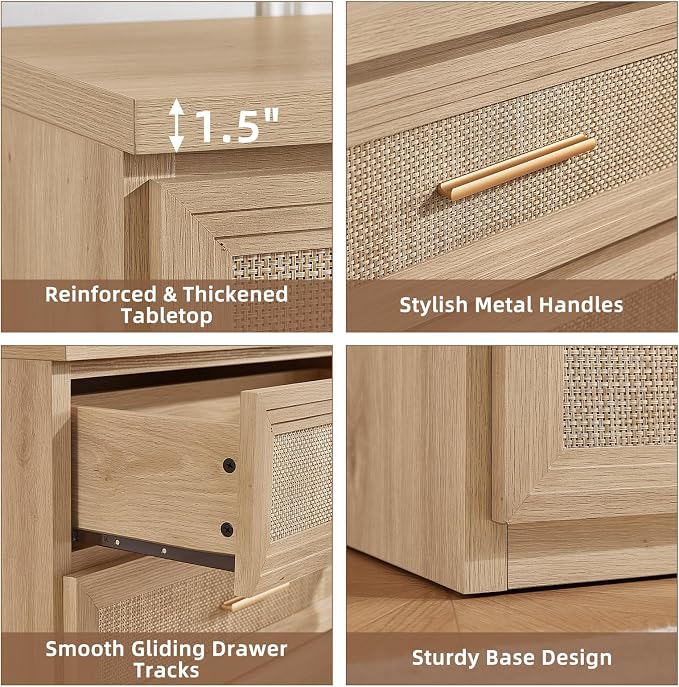 RWYHG Rattan Dresser for Bedroom with 5 Drawers 45" Tall Wood Closet Organizer with Metal Handle Furniture for Living Room Hallway Natural