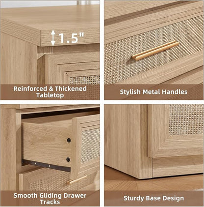 RWYHG Rattan Dresser Set for Bedroom with 5 Drawers 45" Tall Wood Closet Organizer with Metal Handle Furniture for Living Room Hallway Natural