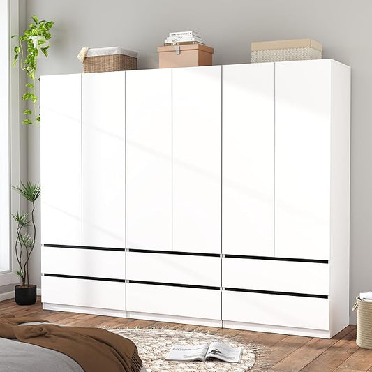 Armoire Wardrobe Closet with Drawers：75" Large White Wardrobe Closet Cabinet with 6 Doors for Hanging Clothes, Modern Wooden Bedroom Armoires with 6 Drawers and Storage (A+A+A, 94.5")
