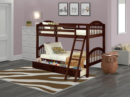 East West Furniture VEB-08-TA Hardwood Bunk Beds for Compact Spaces with Ladder and Two Drawers, Java Finish