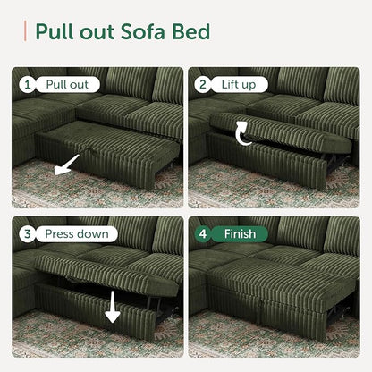 HONBAY Modular Sectional Sleeper Sofa with Pull Out Bed,Corduroy L Shaped Couch with Storage, Sectional Couches for Living Room,Green