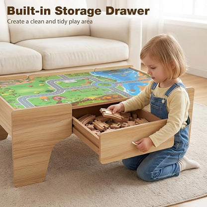 Costzon 110-Piece Wooden Train Table with Drawer for 3+ Years Old Toddlers | 3-in-1 Kids Activity Play Set w/ Reversible Tabletop, Storage Space, Train Tracks, Figures, Vehicles, and Buildings