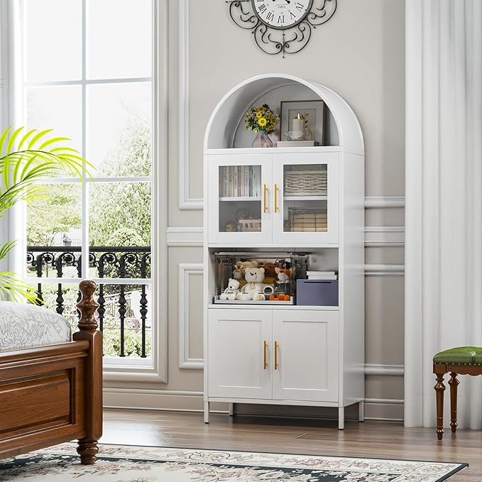 72.8" H Metal Pantry Cabinet with 4 Doors and 2 Adjustable Shelves, White Arched Kitchen Pantry Cabinet with Open Shelf for Kitchen, Dining Room, Assembly Required
