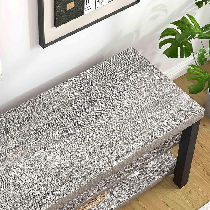 FOLUBAN Shoe Storage Bench, Rustic Wood Entryway Bench for Hallway Entrance, Vintage Indoor Bench with Shoe Storage and Seating for Bedroom Living Room, Light Grey, 47 Inch