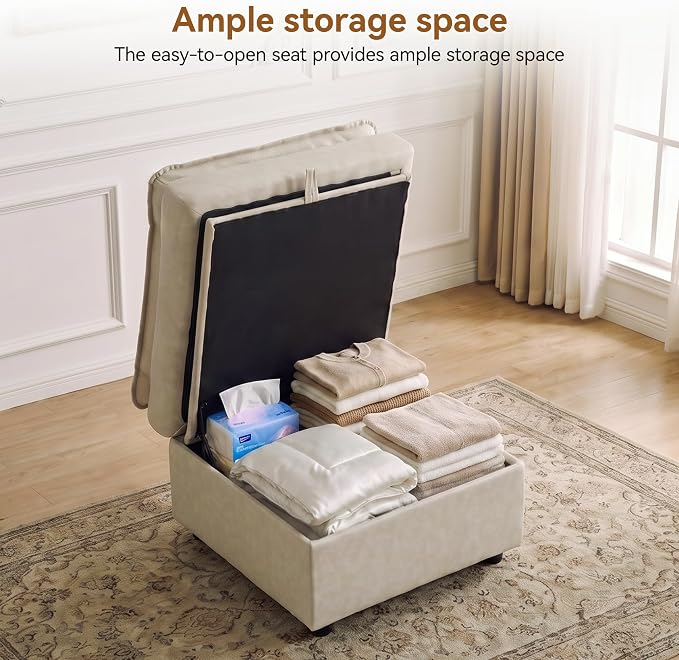 27" Beige Faux Leather Storage Ottoman, Large Square Footrest for Couch | Lift-top Storage Keeps Blankets and Clothes Organized, with Padded Upholstery and Anti-slip Legs for Bedroom, Living room.