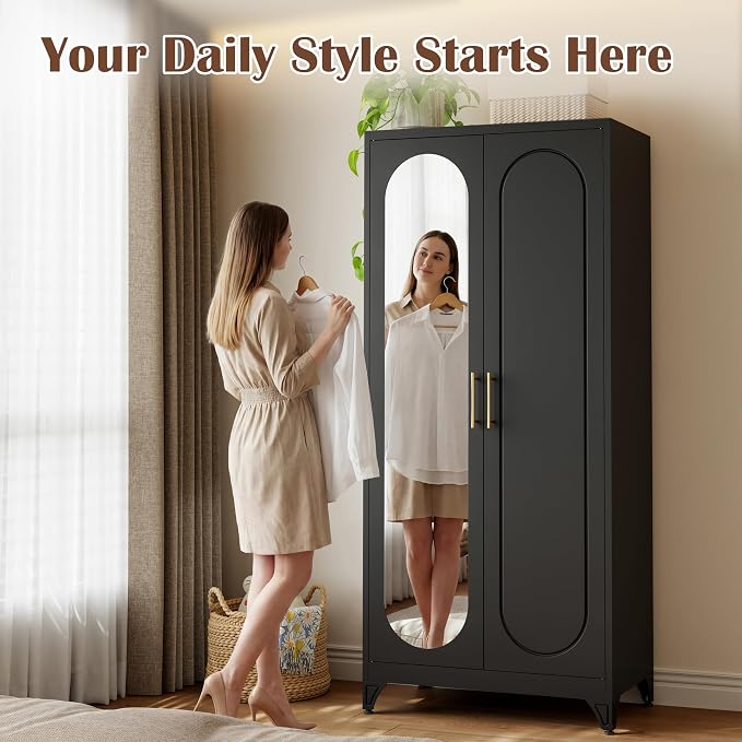 SteeLoong Metal Wardrobe Cabinet with Hanging Rod, 71" Tall Armoire Wardrobe Closet with Mirror Doors and Adjustable Shelves, Black Clothing Storage Cabinets for Bedroom, Laundry Room,Office