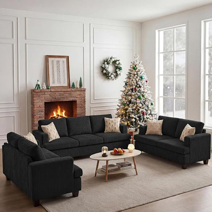 Apicizon Modern Loveseat Set of 2 & 3-Seater Sofa, Corduroy Couch 3 Piece Sofa Set for Living Room, Modern Lounge Sofa Couches for Apartment Lounge, Black