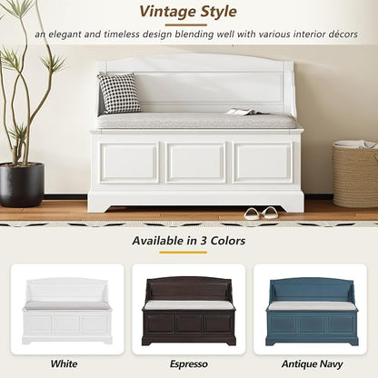 Knocbel Rustic Entry Storage Bench with Hidden Compartments and Removable Cushion, Wooden Entryway Hallway Foyer Shoe Bench Bedroom End of Bed Bench (White)