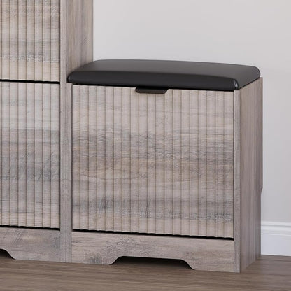 BORNOON Slim Shoe Cabinet with Bench for Entryway, Hidden Storage and Adjustable Shelves, Free Standing Wooden Shoes Organizer for Hallway, Foyer