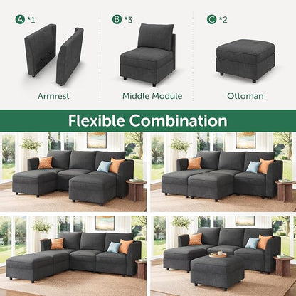 HONBAY Modular Sectional Sofa with Storage U Shaped Sectional Sofa, Convertible Couches for Living Room - Snowflake Velvet Grey