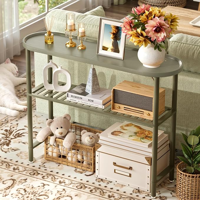 Modern Entryway Table for Hallway Bamboo 39.4", Green Console Tables for Entryway 2-tier, Behind Sofa Table with Anti-fall Edge, TV Stand for Living Room, 5min Easy Assembly, 39.4"L x 11.8"W x 29.7"H