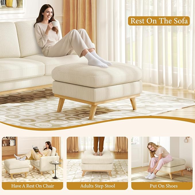 Vesgantti Large Ottoman for Modular Sofa, 29.5" Corduroy Pouf Ottoman with Spring Cushion, Rectangle Foot Rest for Couch, Entrance Footstool with Wood Legs, Footstool for Living Room, Bedroom, Beige