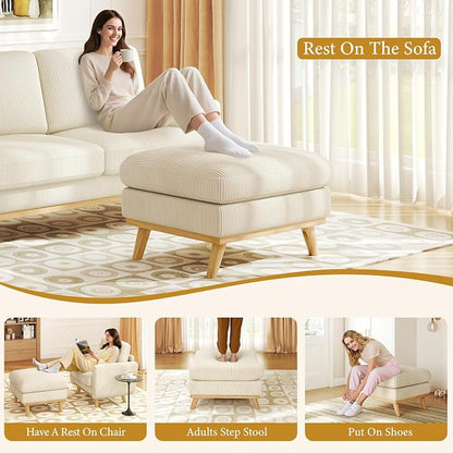 Vesgantti Large Ottoman for Modular Sofa, 29.5" Corduroy Pouf Ottoman with Spring Cushion, Rectangle Foot Rest for Couch, Entrance Footstool with Wood Legs, Footstool for Living Room, Bedroom, Beige
