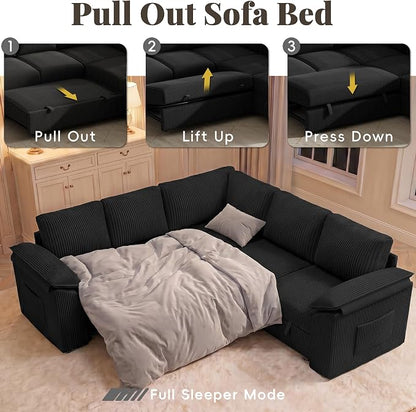 85 Inch Sectional Sleeper Sofa Bed with Pull Out Couch, U Shaped 5 Seat Cloud Modular Sectional Sofa with Storage, Corduroy Sectional Couches for Living Room, Removable Sofa Cover, Dark Grey