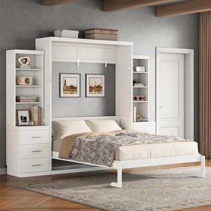 Murphy Bed Queen Size,Murphy Bed with Storage Shelves and Drawers,Wall Bedframe w/Wood Slatk,can be Folded,No Box Spring Needed,for Bedroom Apartment,White