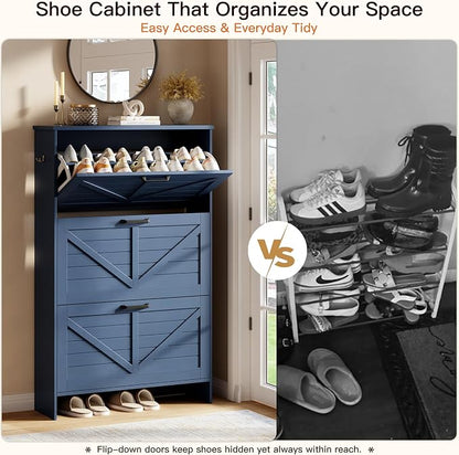 Nicetree 3-Drawer Flip Shoe Cabinet – Shaker Barn Door Accent, Farmhouse Blue Finish – Ultra Slim Freestanding Design with 3-Tier Adjustable Shelves – Space-Saving Shoe Organizer for Entryway or Foyer
