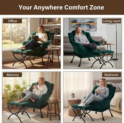 Welnow Lazy Chair with Ottoman, Modern Accent Chair with Armrests and a Side Pocket, Leisure Sofa Armchair, Reading Armchair with Footrest for Small Space, Dark Green