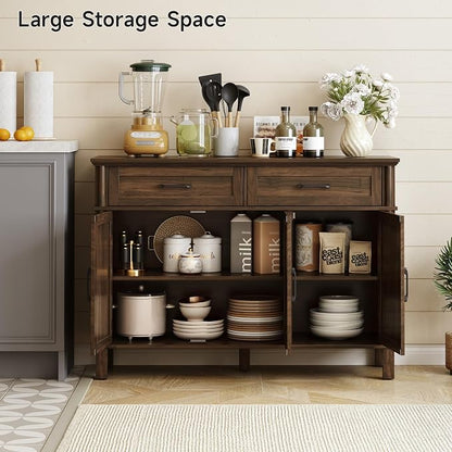 ONBRILL 48 Inch Buffet Cabinet with Storage, Farmhouse Sideboard Buffet w/2 Drawers and 3 Doors, Wood Coffee Bar Cabinet with Adjustable Shelves, Sideboard Storage for Kitchen, Living Room, Walnut