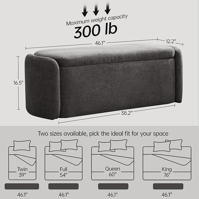 VKNOW 46" Oval Storage Ottoman Bench, Upholstered End of Bed Bench Ottomans Bench Foot Rest, Sherpa Storage Bench for Bedroom, Living Room and Hallway, Dark Grey