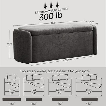 VKNOW 46" Oval Storage Ottoman Bench, Upholstered End of Bed Bench Ottomans Bench Foot Rest, Sherpa Storage Bench for Bedroom, Living Room and Hallway, Dark Grey