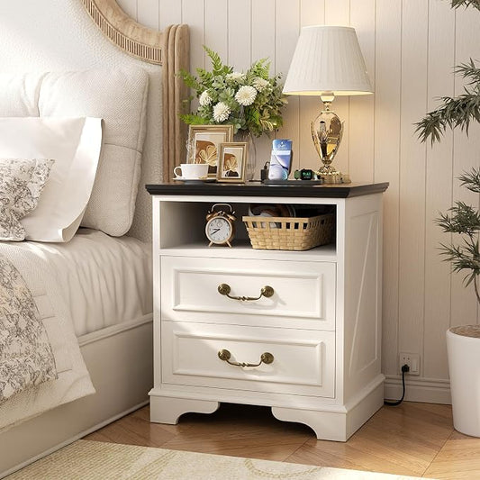 Unikito Farmhouse Nightstand with Charging Station, Bedside Table with 2 Large Drawers & Vintage Handles, Side Table with Open Storage for Bedroom (Antique White)