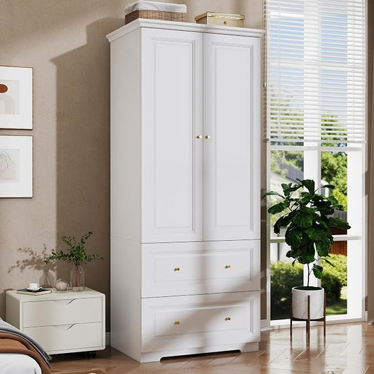 Armoire Wardrobe Closet with Drawers: 74" White Wardrobe with 2 Drawers, 2 Doors Bedroom Armoires with Hanging Rod, Tall Closet Cabinet for Hanging Clothes (31.5")