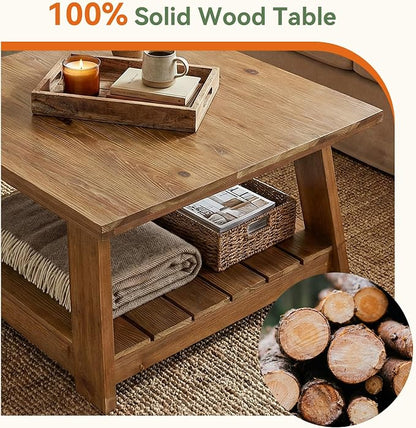 31.5" Solid Wood Square Coffee Table, 2-Tier Storage Design, Sturdy Wooden Legs, Farmhouse Accent Center Cocktail Table for Living Room, Easy Assembly, Honey Brown