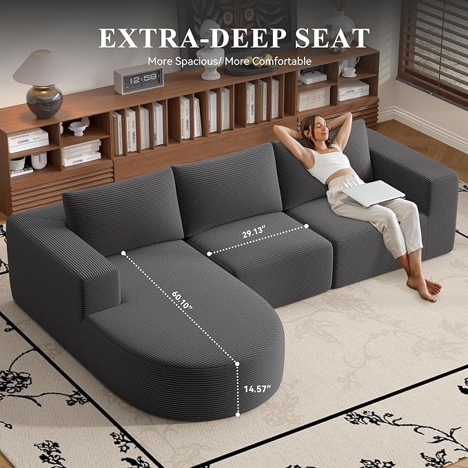 L-Shaped Boneless Couch,104" Couches for Living Room with Curved Chaise,Modular Sectional Sofa with Deep Seat,Modern Cozy Cloud Compression Sofas,No Assembly Required(Gray) 1PCS
