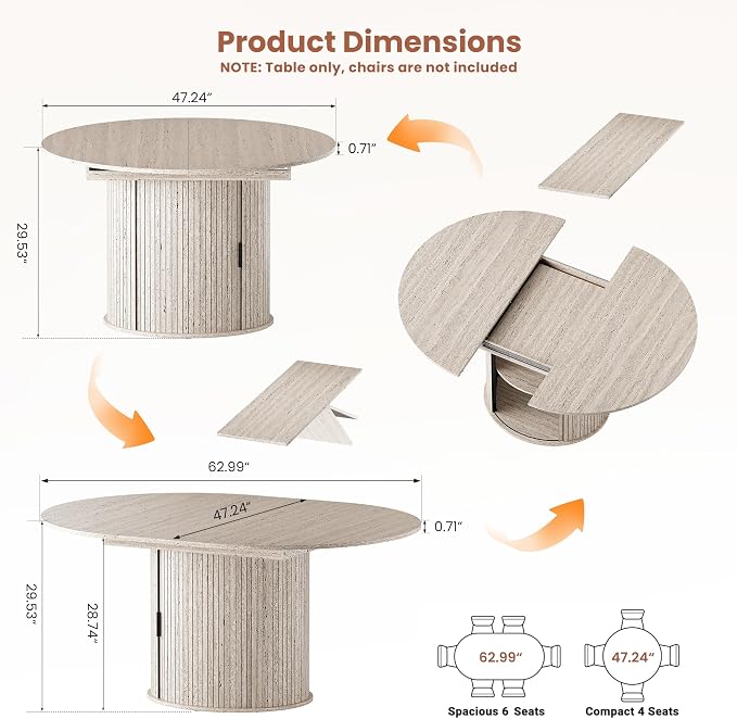 47''-63'' Extendable Round Dining Table for 4-6, Round Dining Room Table with Hidden Storage, Modern Wooden Kitchen Table with Fluted Sliding Door Cabinet for Dining Room Kitchen, White