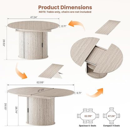 47''-63'' Extendable Round Dining Table for 4-6, Round Dining Room Table with Hidden Storage, Modern Wooden Kitchen Table with Fluted Sliding Door Cabinet for Dining Room Kitchen, White