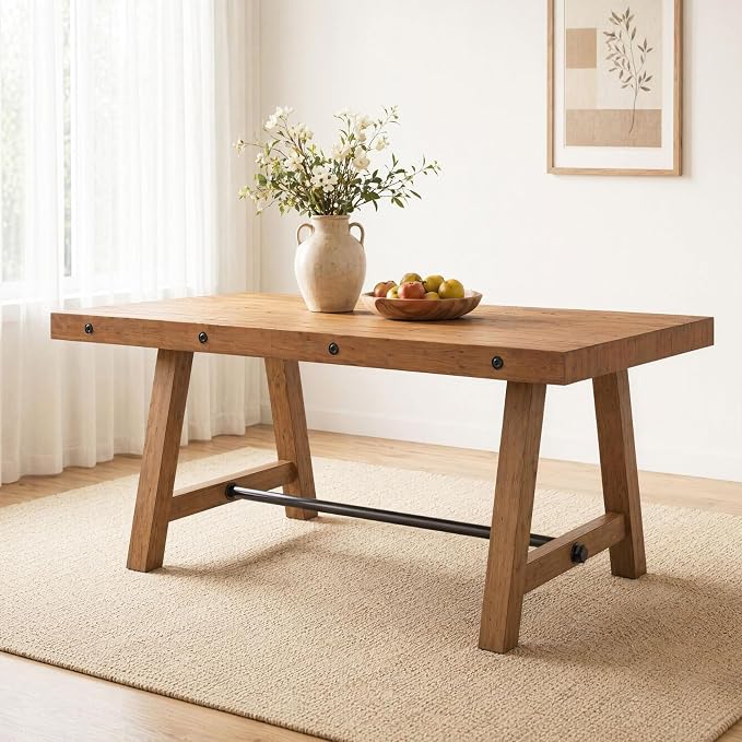 chairus 59" Reclaimed Wood Rectangular Farmhouse Dining Table | 59"L x 35.5"W x 30"H Standard Dining Height Tabletop, Seats 4-6, Reinforced A-Frame Legs with Black Metal Support Bar