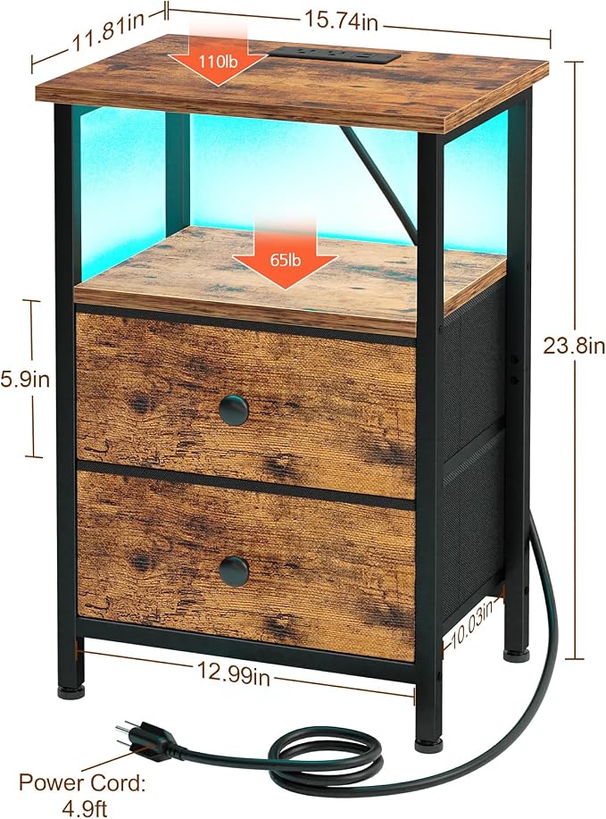 LOAKEKEL Night Stand with Charging Station, Small Bedside Table with USB Ports & Outlets, LED Nightstand with 2 Fabric Storage Drawers PU Finish for Bedroom, Brown, HETS02BR-1