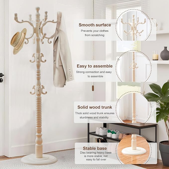 Wooden Coat Rack Freestanding with 18 Hooks, Adjustable Height Coat Tree Free Standing Heavy Duty for Entryway, Easy Assembly Solid Wood Sturdy Coat Hats Hanger Stand for Office Hallway Bedroom,White