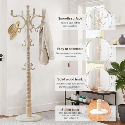 Wooden Coat Rack Freestanding with 18 Hooks, Adjustable Height Coat Tree Free Standing Heavy Duty for Entryway, Easy Assembly Solid Wood Sturdy Coat Hats Hanger Stand for Office Hallway Bedroom,White