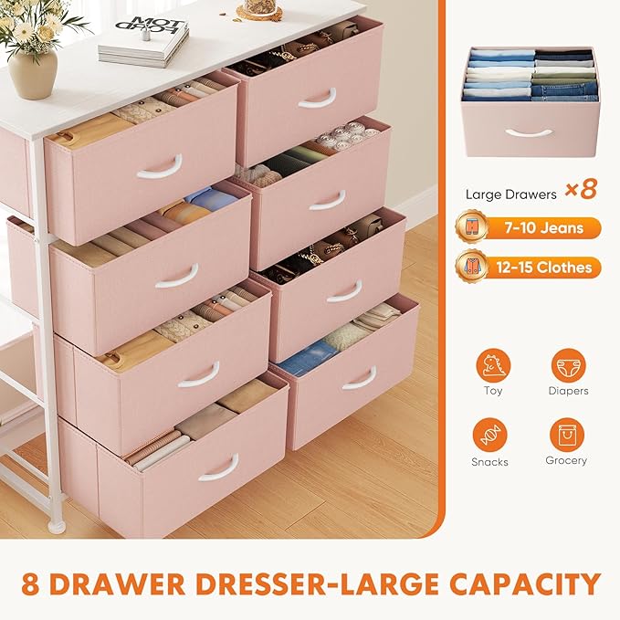 Sweetcrispy 8 Drawer Fabric Dresser for Bedroom, Tall Dresser, Pink | Sturdy Chest of Drawers, Steel Frame and Wooden Top, Closet Living Room Storage Organizer with Easy Pull Handles