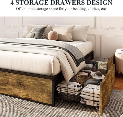 Allewie Industrial Storage Bed with Drawers, Wooden Metal Platform, Sturdy & Noise-Free, Modern Queen Size for Bedroom & Apartment