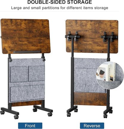 KOUPA Height Adjustable Standing Desk with Storage Bag widths16 in Length 24 in, Portable Rolling Mobile Stand Up Table with Wheels, 360 Degree Flip Laptop Computer Desk for Home Office, Rustic Brown