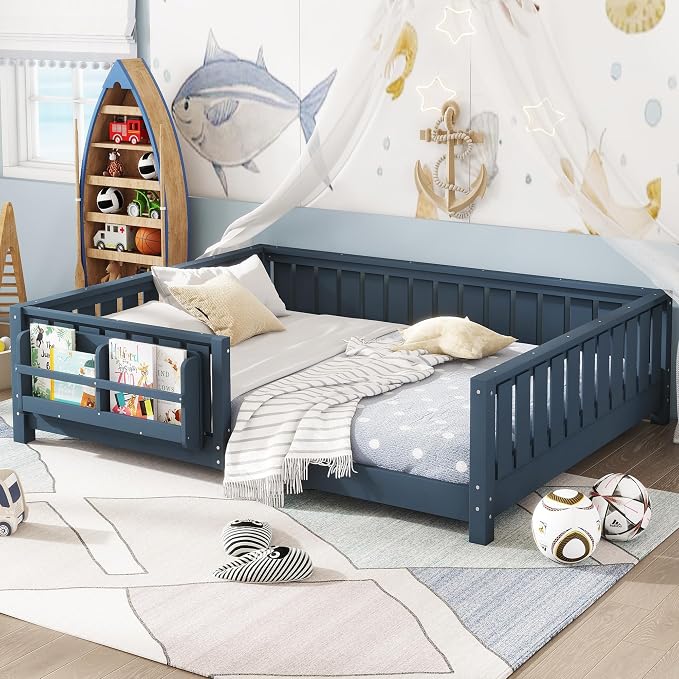 Bellemave Queen Size Montessori Floor Bed with Slats and Fence, Queen Size Montessori Bed with Rails and Bookcase, Easy Assemble Floor Beds Frame,Blue