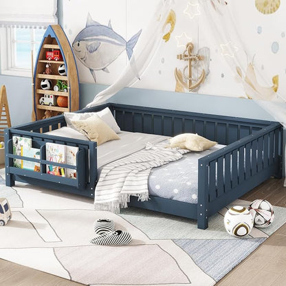 Bellemave Queen Size Montessori Floor Bed with Slats and Fence, Queen Size Montessori Bed with Rails and Bookcase, Easy Assemble Floor Beds Frame,Blue